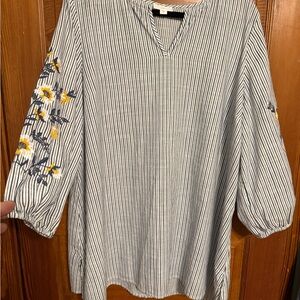 J. Jill Navy Striped Blouse with Yellow Floral Embroidery XL